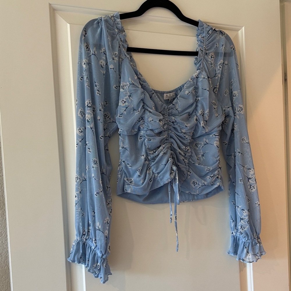 Elegant Floral Ruched Blouse in Light Blue